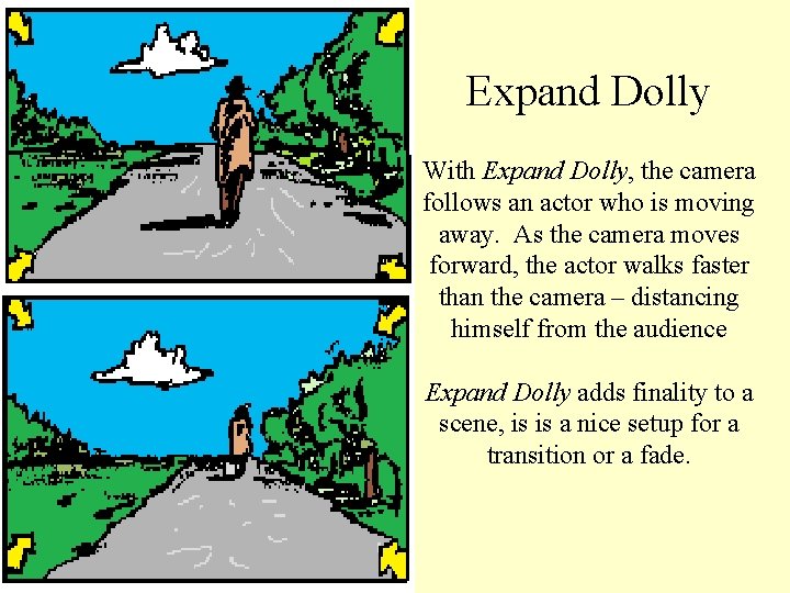 Expand Dolly With Expand Dolly, the camera follows an actor who is moving away.