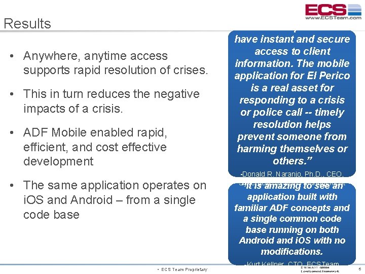 Results • Anywhere, anytime access supports rapid resolution of crises. • This in turn