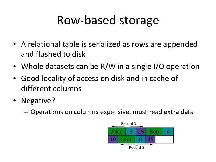 Row-based storage • A relational table is serialized as rows are appended and flushed
