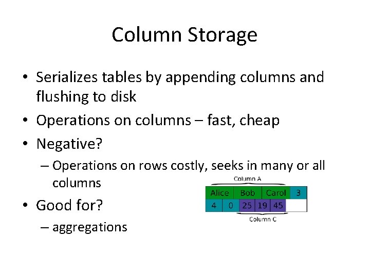 Column Storage • Serializes tables by appending columns and flushing to disk • Operations