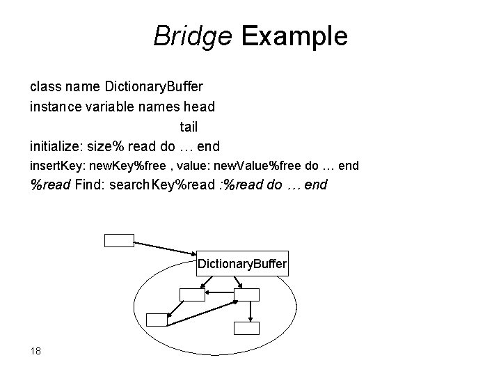 Bridge Example class name Dictionary. Buffer instance variable names head tail initialize: size% read