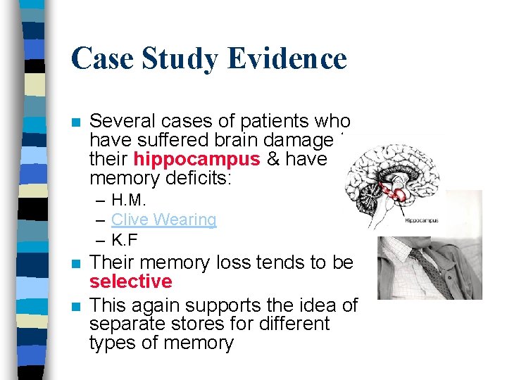Case Study Evidence n Several cases of patients who have suffered brain damage to