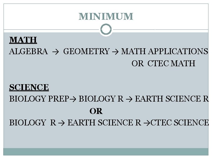 MINIMUM MATH ALGEBRA → GEOMETRY → MATH APPLICATIONS OR CTEC MATH SCIENCE BIOLOGY PREP→