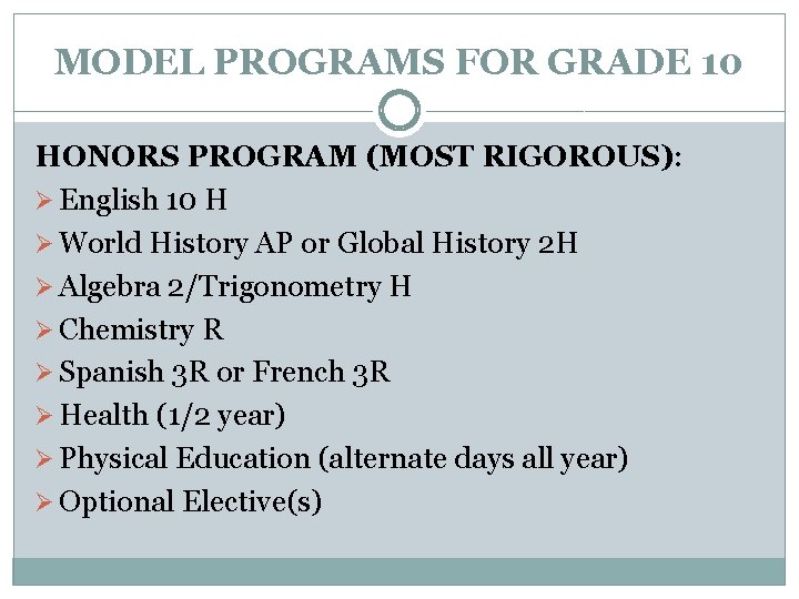 MODEL PROGRAMS FOR GRADE 10 HONORS PROGRAM (MOST RIGOROUS): Ø English 10 H Ø