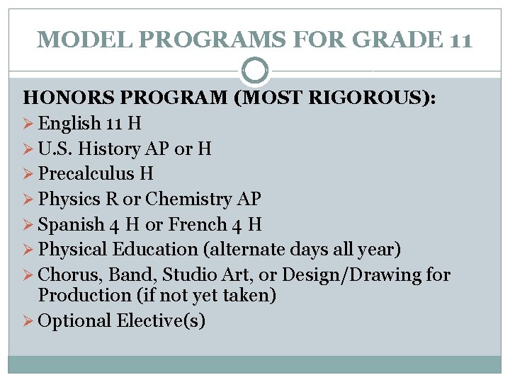 MODEL PROGRAMS FOR GRADE 11 HONORS PROGRAM (MOST RIGOROUS): Ø English 11 H Ø