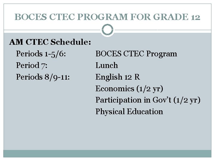 BOCES CTEC PROGRAM FOR GRADE 12 AM CTEC Schedule: Periods 1 -5/6: BOCES CTEC