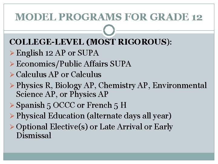MODEL PROGRAMS FOR GRADE 12 COLLEGE-LEVEL (MOST RIGOROUS): Ø English 12 AP or SUPA