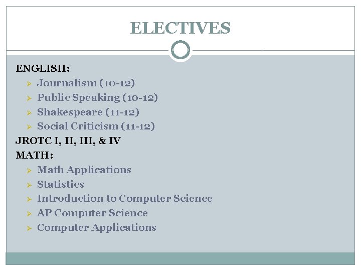 ELECTIVES ENGLISH: Ø Journalism (10 -12) Ø Public Speaking (10 -12) Ø Shakespeare (11