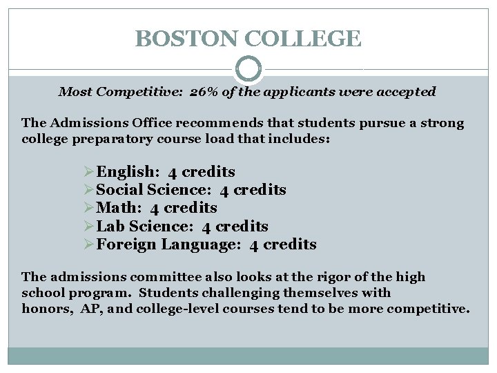 BOSTON COLLEGE Most Competitive: 26% of the applicants were accepted The Admissions Office recommends