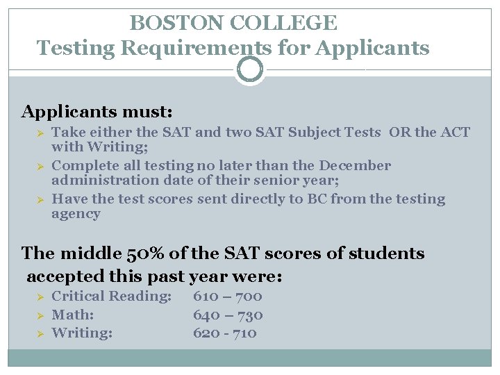 BOSTON COLLEGE Testing Requirements for Applicants must: Ø Ø Ø Take either the SAT