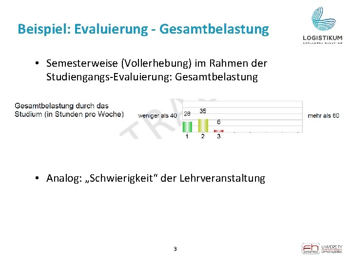 Beispiel: Evaluierung - Gesamtbelastung • Semesterweise (Vollerhebung) im Rahmen der Studiengangs-Evaluierung: Gesamtbelastung • Analog: