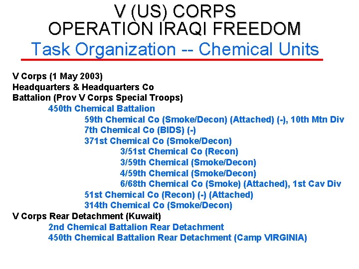 V (US) CORPS OPERATION IRAQI FREEDOM Task Organization -- Chemical Units V Corps (1