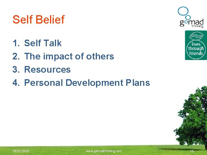 Self Belief 1. 2. 3. 4. Self Talk The impact of others Resources Personal