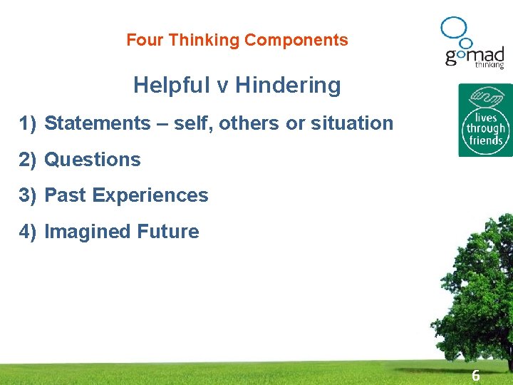 Four Thinking Components Helpful v Hindering 1) Statements – self, others or situation 2)