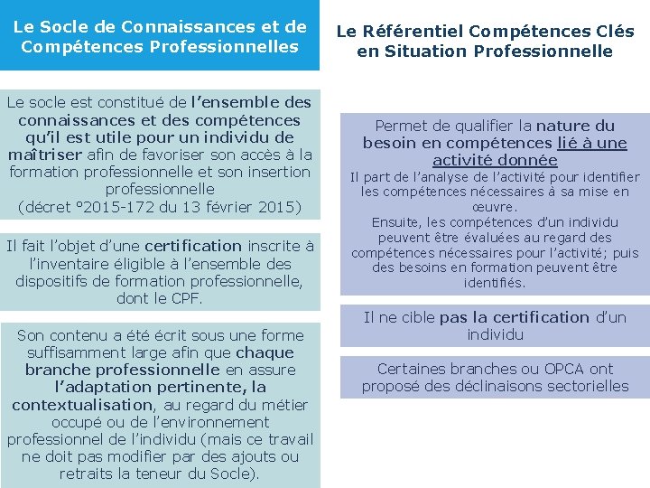 Le Socle de Connaissances et de Compétences Professionnelles Le socle est constitué de l’ensemble