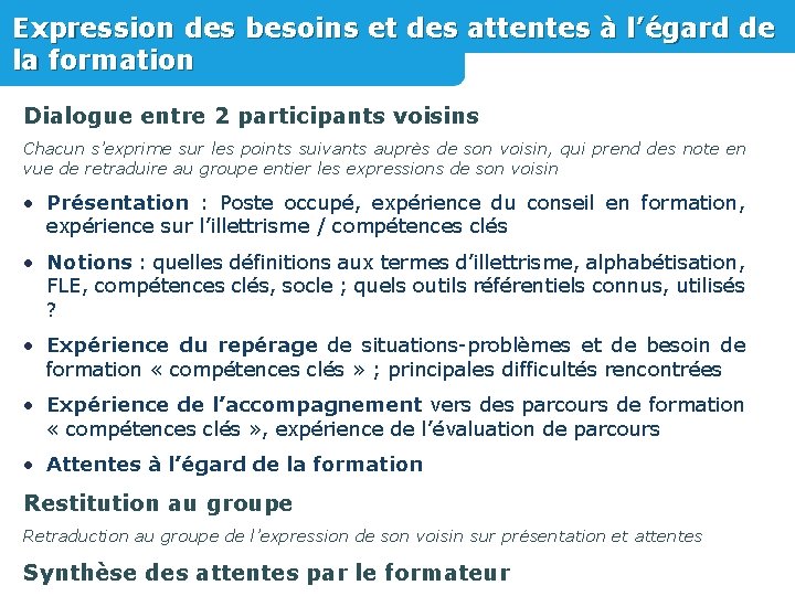 Expression des besoins et des attentes à l’égard de la formation Dialogue entre 2