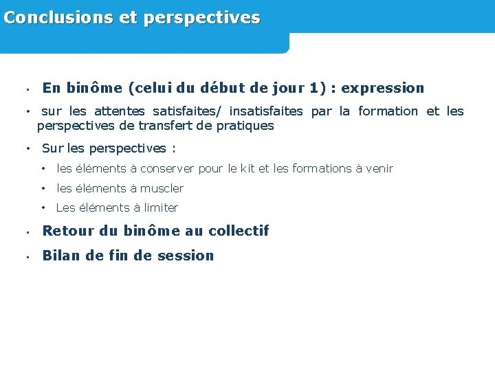 Conclusions et perspectives • En binôme (celui du début de jour 1) : expression