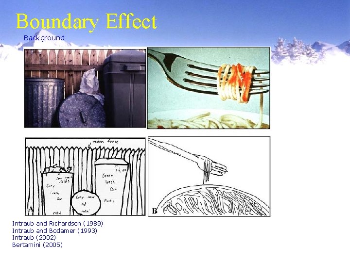 Boundary Effect Background Intraub and Richardson (1989) Intraub and Bodamer (1993) Intraub (2002) Bertamini