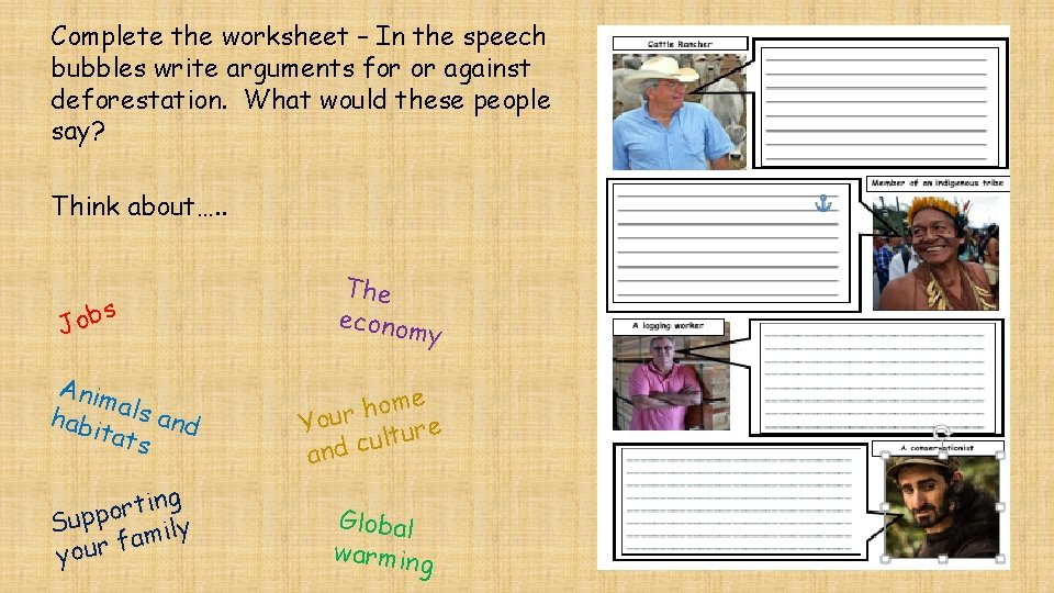 Complete the worksheet – In the speech bubbles write arguments for or against deforestation.