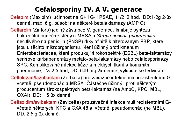 Cefalosporiny IV. A V. generace Cefepim (Maxipim) účinnost na G+ i G- i PSAE,