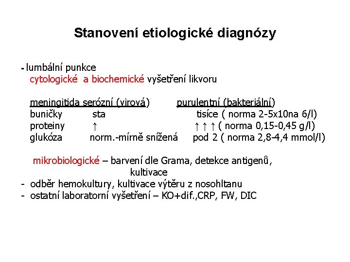 Stanovení etiologické diagnózy - lumbální punkce cytologické a biochemické vyšetření likvoru meningitida serózní (virová)