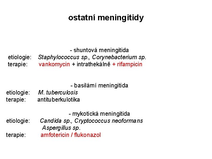 ostatní meningitidy etiologie: terapie: - shuntová meningitida Staphylococcus sp. , Corynebacterium sp. vankomycin +