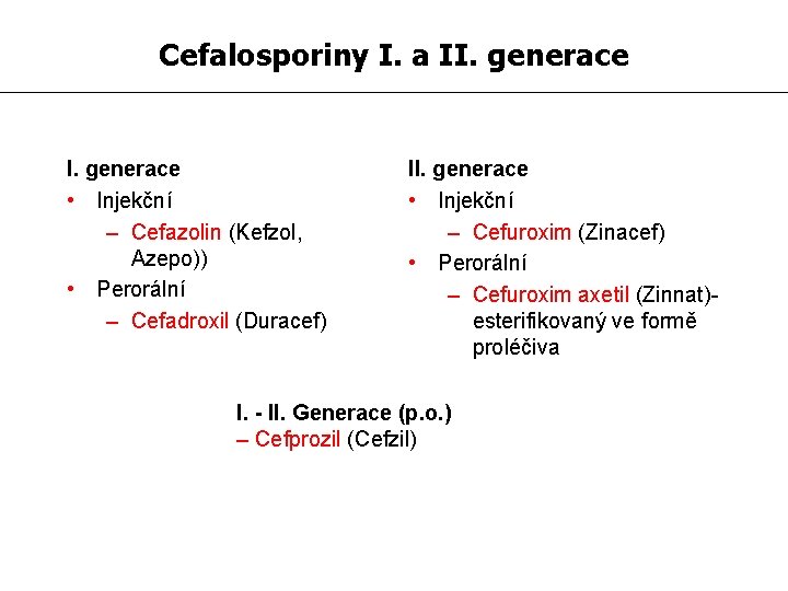 Cefalosporiny I. a II. generace • Injekční – Cefazolin (Kefzol, Azepo)) • Perorální –