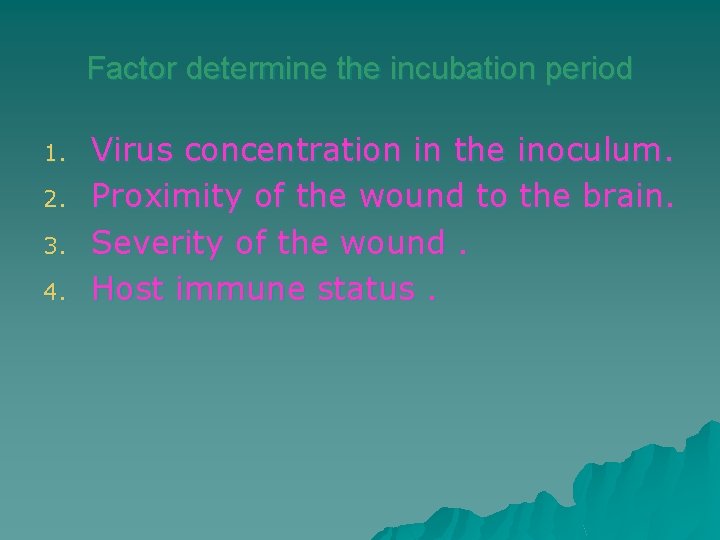 Factor determine the incubation period 1. 2. 3. 4. Virus concentration in the inoculum.