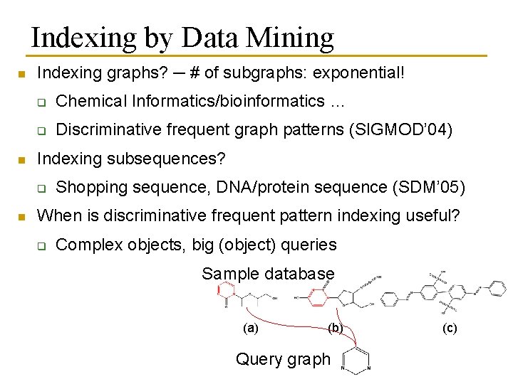 Indexing by Data Mining n n Indexing graphs? ─ # of subgraphs: exponential! q Indexing by Data Mining n n Indexing graphs? ─ # of subgraphs: exponential! q