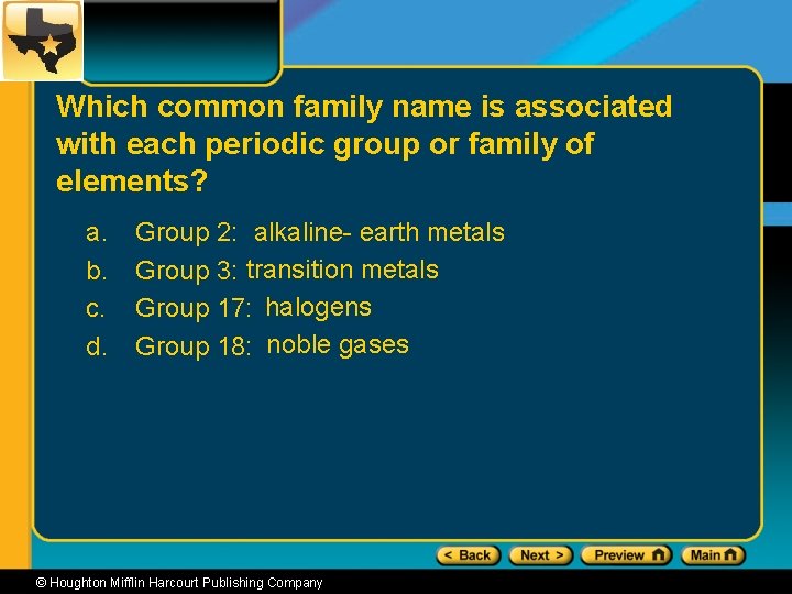 Which common family name is associated with each periodic group or family of elements?