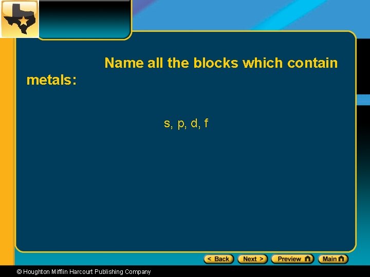 Name all the blocks which contain metals: s, p, d, f © Houghton Mifflin