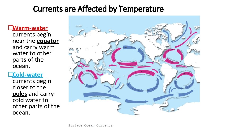 Currents are Affected by Temperature �Warm-water currents begin near the equator and carry warm