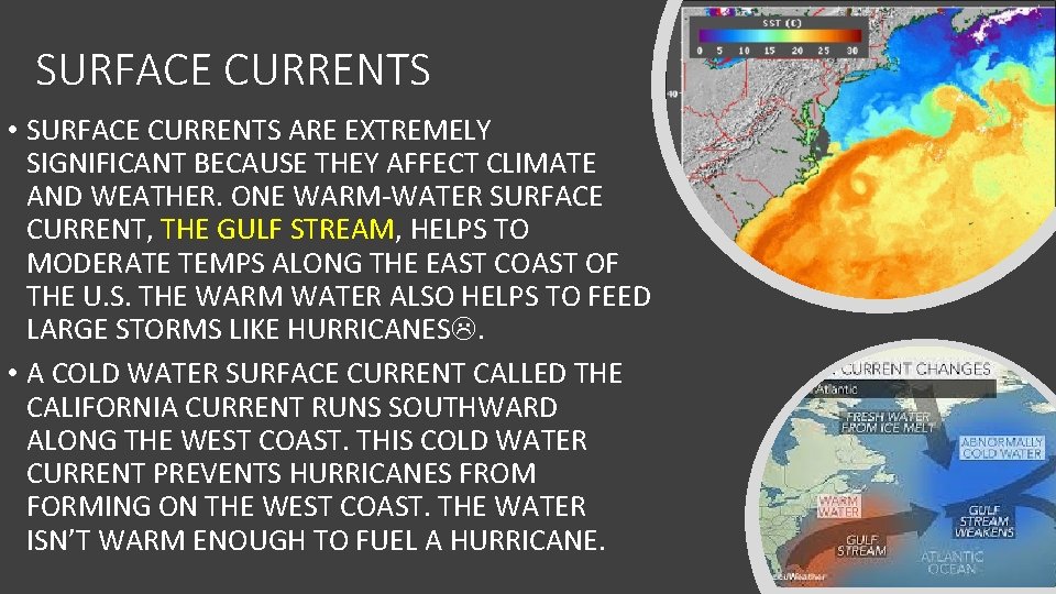 SURFACE CURRENTS • SURFACE CURRENTS ARE EXTREMELY SIGNIFICANT BECAUSE THEY AFFECT CLIMATE AND WEATHER.