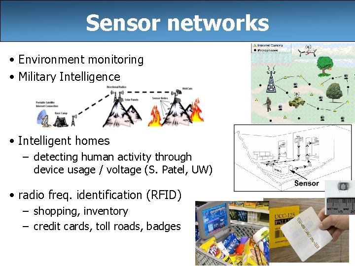 Sensor networks • Environment monitoring • Military Intelligence • Intelligent homes – detecting human