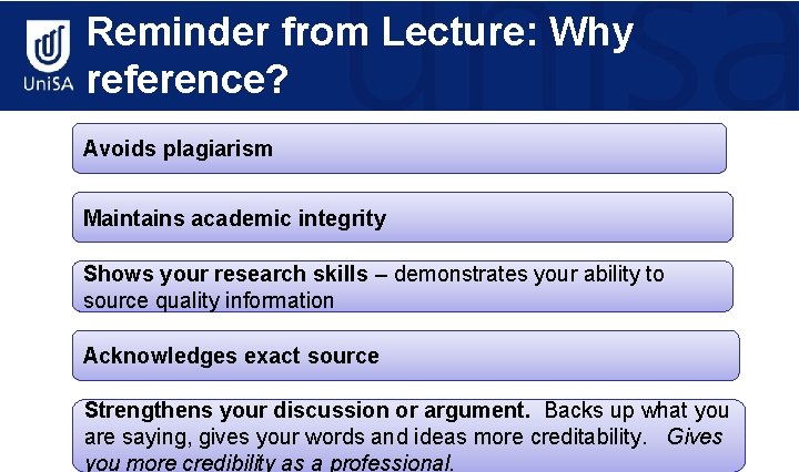 Reminder from Lecture: Why reference? Avoids plagiarism Maintains academic integrity Shows your research skills