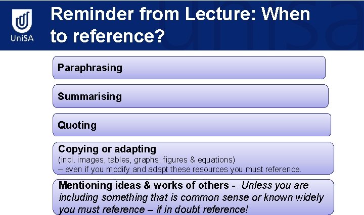 Reminder from Lecture: When to reference? Paraphrasing Summarising Quoting Copying or adapting (incl. images,