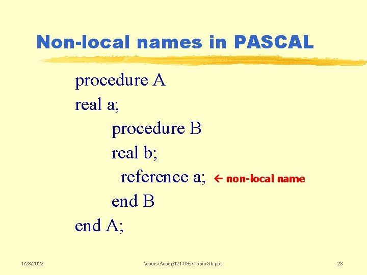 Non-local names in PASCAL procedure A real a; procedure B real b; reference a;