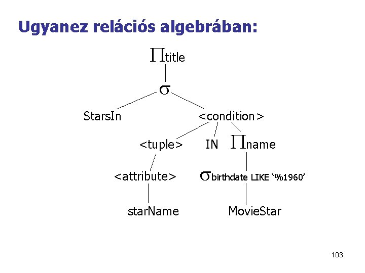 Ugyanez relációs algebrában: title Stars. In <condition> <tuple> <attribute> star. Name IN name birthdate