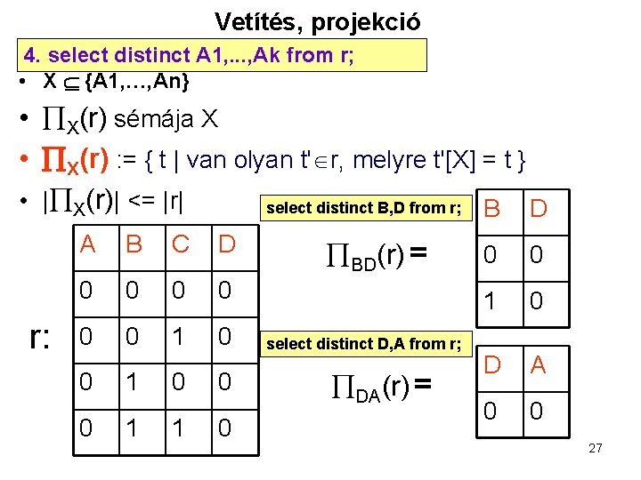 Vetítés, projekció 4. select distinct A 1, . . . , Ak from r;