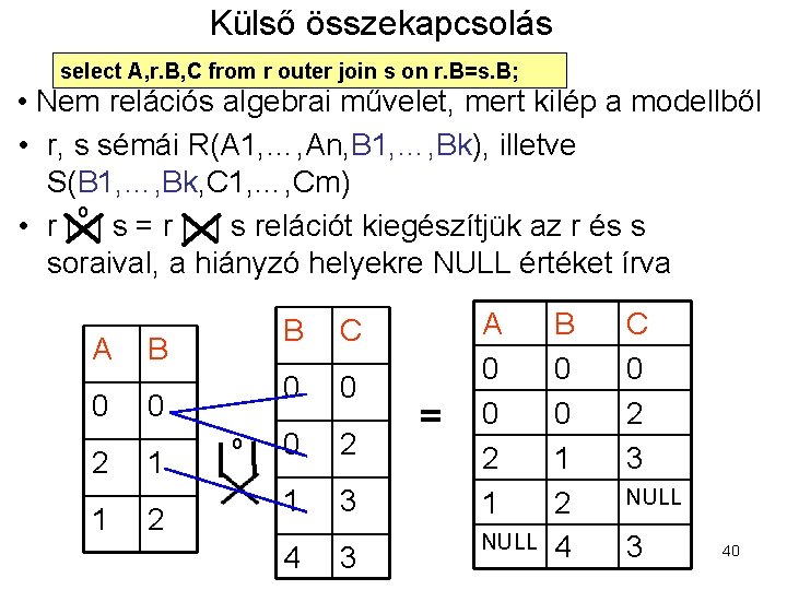 Külső összekapcsolás select A, r. B, C from r outer join s on r.