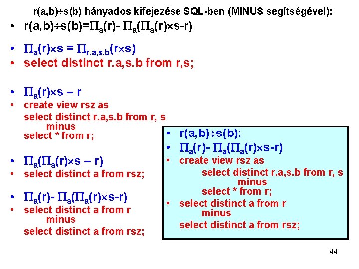 r(a, b) s(b) hányados kifejezése SQL-ben (MINUS segítségével): • r(a, b) s(b)= a(r)- a(