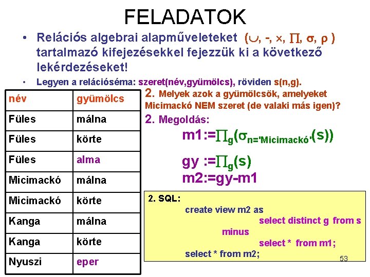 FELADATOK • Relációs algebrai alapműveleteket ( , -, , ) tartalmazó kifejezésekkel fejezzük ki