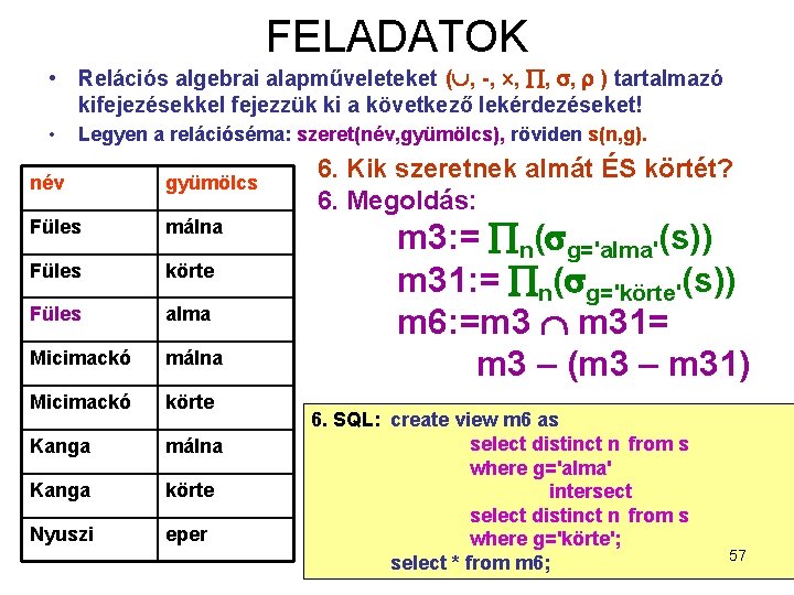 FELADATOK • Relációs algebrai alapműveleteket ( , -, , ) tartalmazó kifejezésekkel fejezzük ki