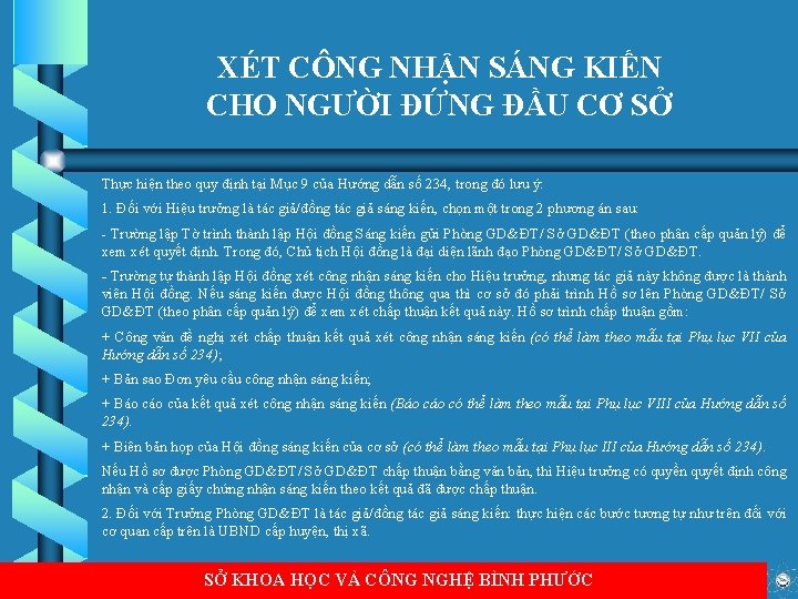 XÉT CÔNG NHẬN SÁNG KIẾN CHO NGƯỜI ĐỨNG ĐẦU CƠ SỞ Thực hiện theo