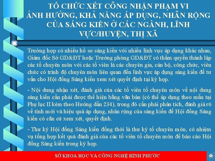 TỔ CHỨC XÉT CÔNG NHẬN PHẠM VI ẢNH HƯỞNG, KHẢ NĂNG ÁP DỤNG, NH