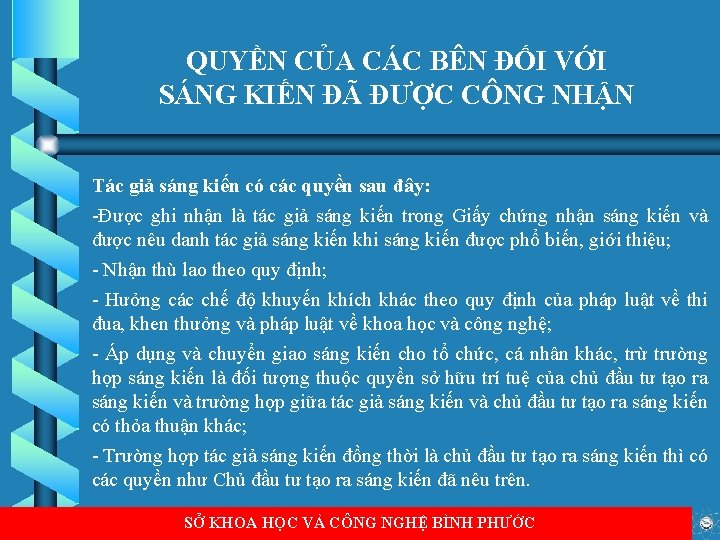 QUYỀN CỦA CÁC BÊN ĐỐI VỚI SÁNG KIẾN ĐÃ ĐƯỢC CÔNG NHẬN Tác giả