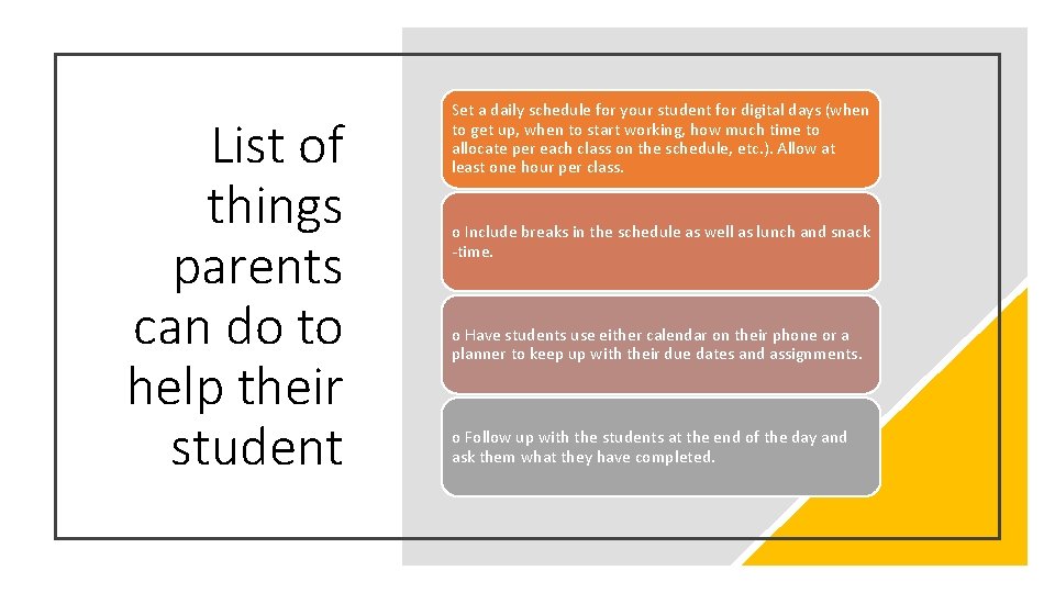 List of things parents can do to help their student Set a daily schedule