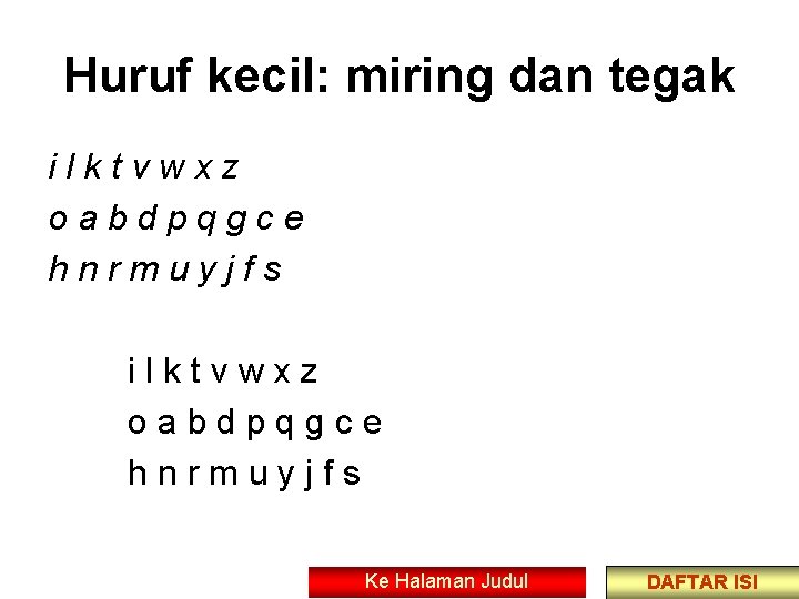 Huruf kecil: miring dan tegak ilktvwxz oabdpqgce hnrmuyjfs Ke Halaman Judul DAFTAR ISI 