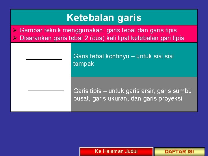 Ketebalan garis Ø Gambar teknik menggunakan: garis tebal dan garis tipis Ø Disarankan garis