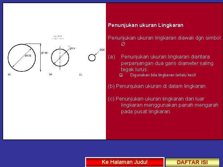 Penunjukan ukuran Lingkaran Penunjukan ukuran lingkaran diawali dgn simbol Ø (a) Penunjukan ukuran lingkaran